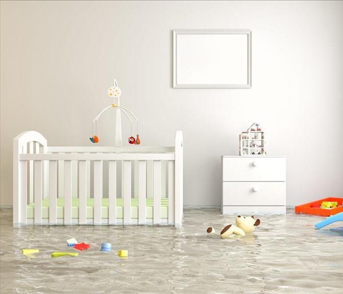flooded baby bedroom, crib, toys floating